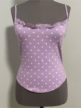 Vintage Valentino purple and white polka dot cami with ruffle neckline